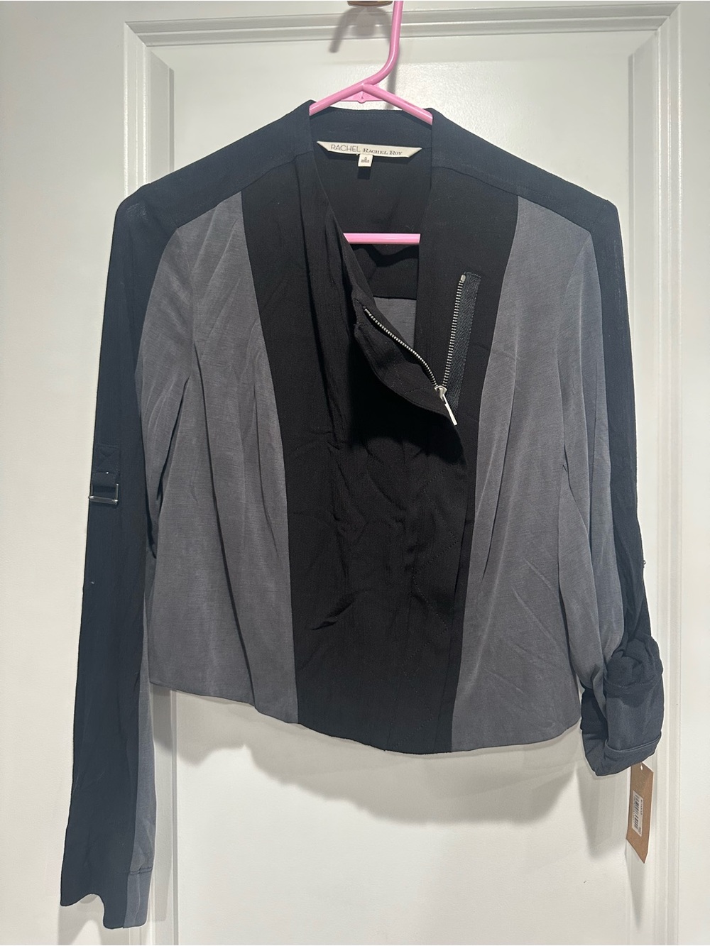 RACHEL Rachel Roy Black and Gray Colorblock Asymmetrical Zip Jacket